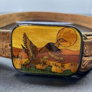 Harmony Metal Belt Mens 46 Brown Leather Western Tooled Duck Goose Buckle USA